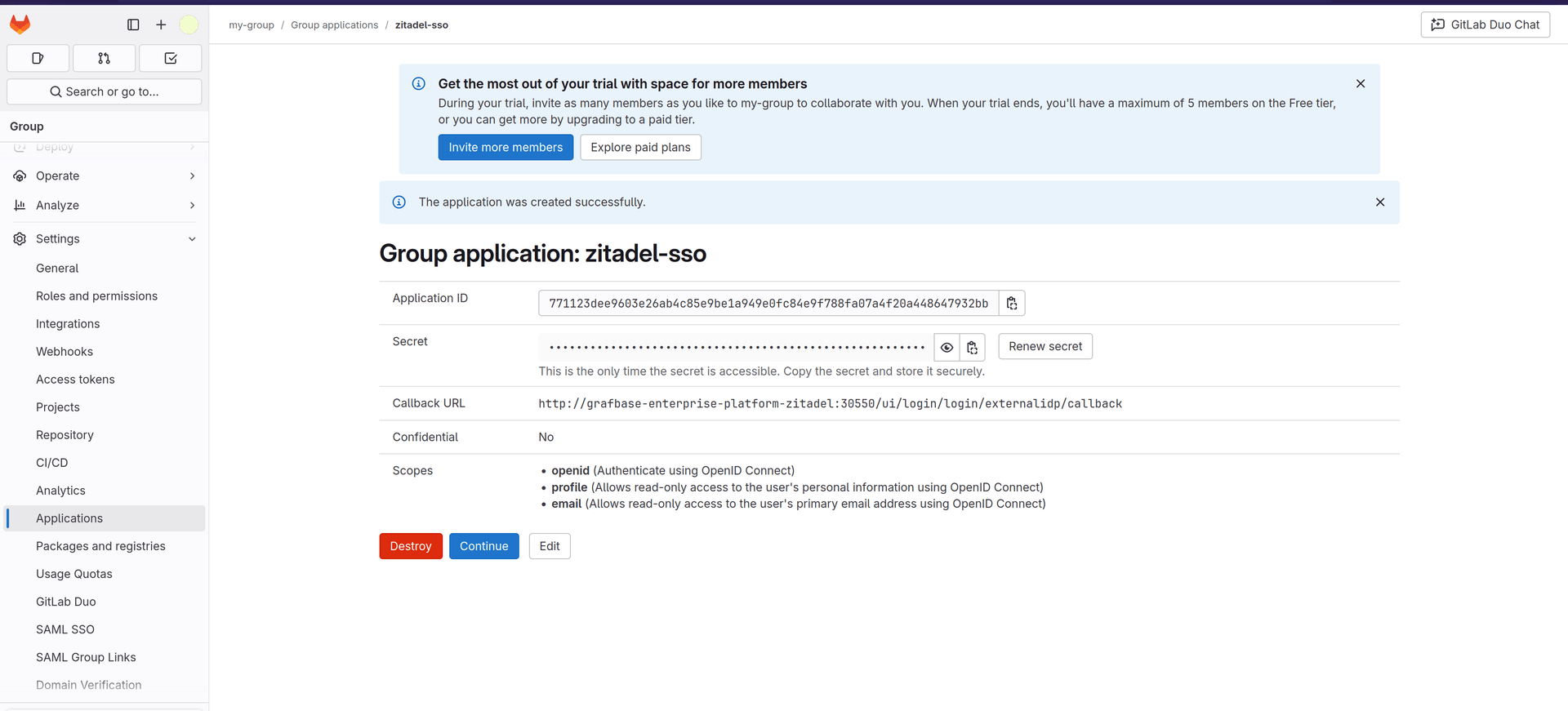 Copy the application id and secret from the Gitlab application creation screen