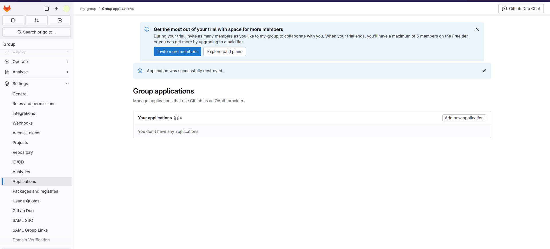 Gitlab UI to create the application